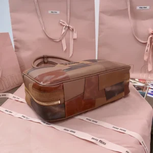 Miu Miu patchwork leather bag medium brown multi-tone leather with top handle and gold zipper detail