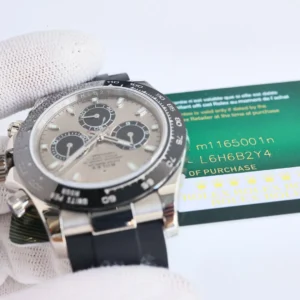 Rolex Daytona 116500LN silver dial ceramic bezel stainless steel watch with black rubber strap