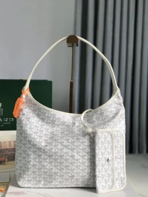 Goyard Anjou PM bag white chevron canvas medium size with leather trim and detachable pouch