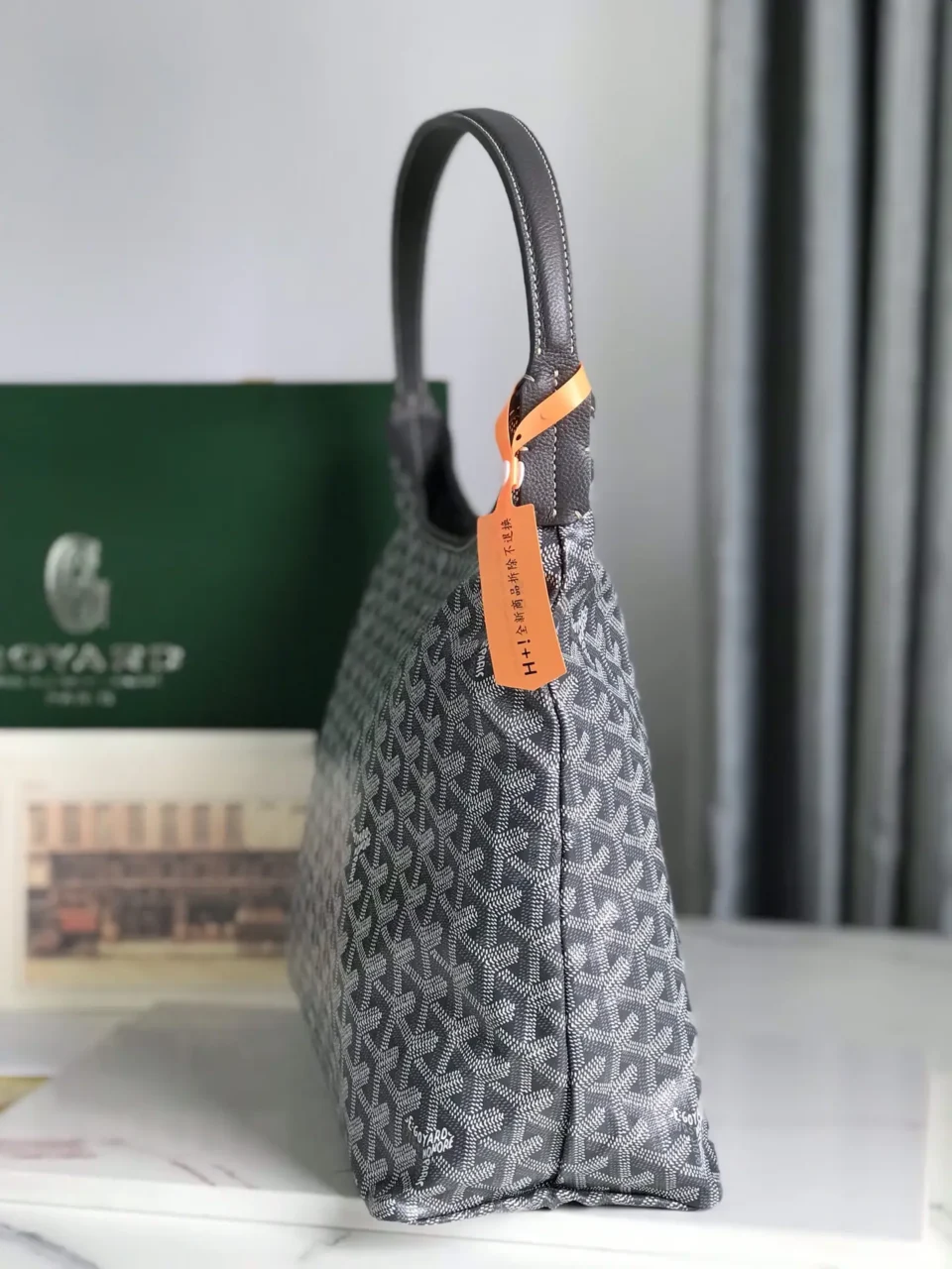 Goyard St. Louis GM tote bag grey chevron pattern coated canvas brown leather handles