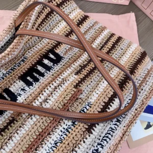 Miu Miu crochet tote bag multicolor with tan leather handles and white stitching detail