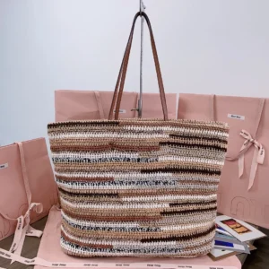 Miu Miu large tote bag multicolor brown beige crochet with leather straps