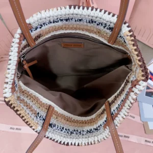 Miu Miu crochet woven tote bag brown white black cotton leather handles spacious interior with zip pocket