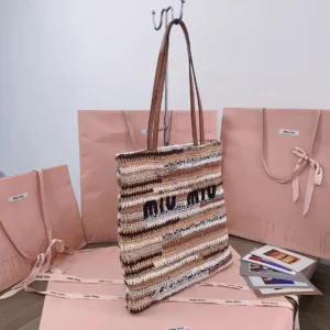 Miu Miu woven tote bag medium multicolor crochet material with brown leather handles