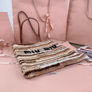 Miu Miu crochet tote bag medium striped beige brown cream leather handles