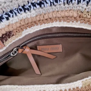 Miu Miu crochet trim large tote bag beige brown leather and fabric interior with zipper pocket