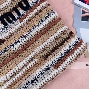 Miu Miu crochet clutch bag multicolor striped cotton with black logo embroidery and leather tag