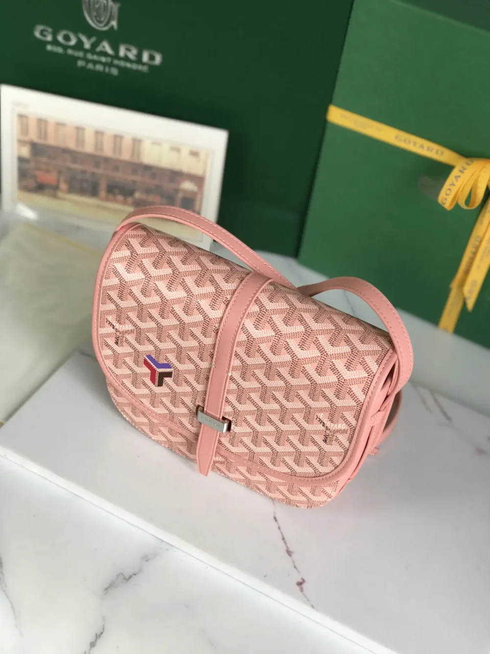 Goyard Poupee PM pink monogram canvas crossbody bag leather trim