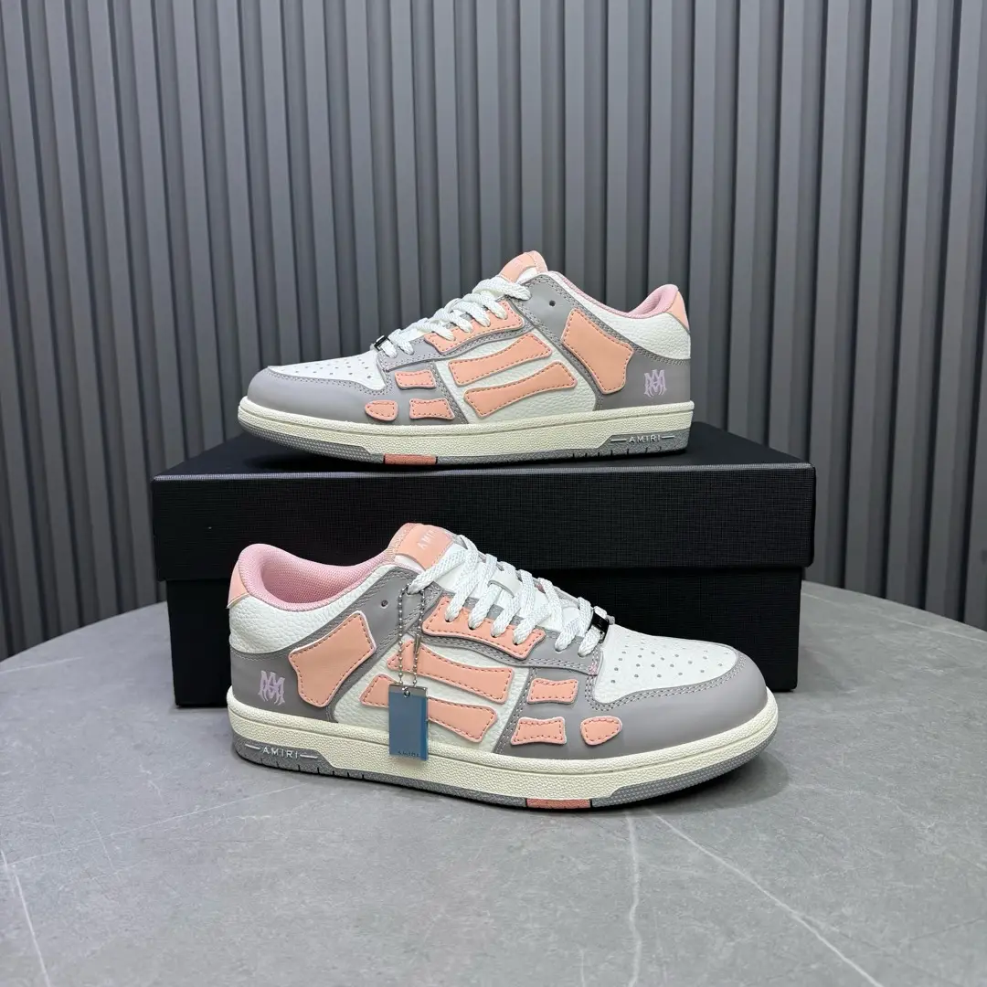 Amiri Skelet-Low sneakers white pink gray leather casual shoes with signature side panels and perforated toe box
