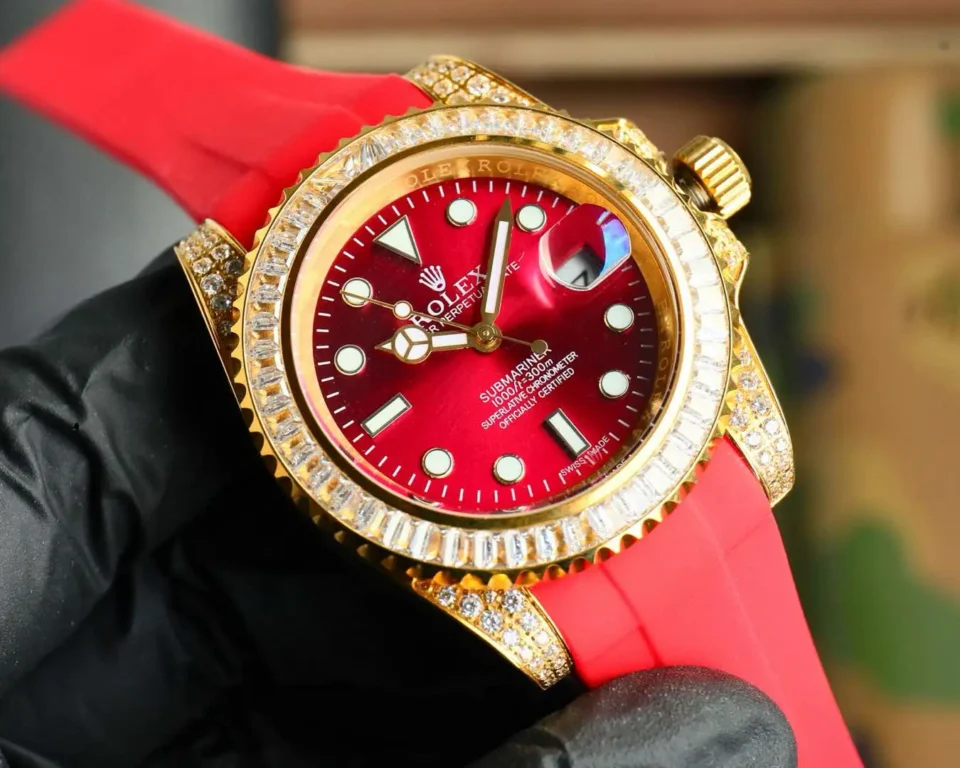 Rolex Submariner red dial diamond bezel gold case red rubber strap watch