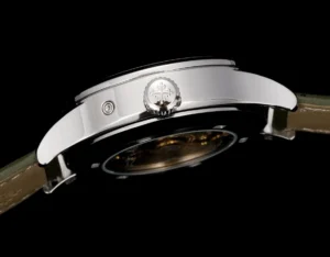 Patek Philippe Calatrava stainless steel case watch with leather strap and polished crown emblem