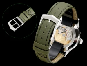 Patek Philippe watch strap green textile material silver buckle detailed stitching
