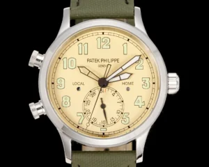 Patek Philippe Calatrava Pilot Travel Time cream dial stainless steel case green fabric strap watch
