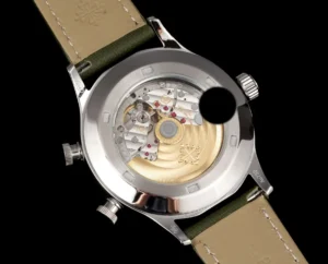 Patek Philippe Nautilus back view stainless steel case transparent sapphire crystal exhibition case back green leather strap