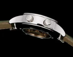 Generic stainless steel chronograph watch case side view with two pushers and light brown leather strap