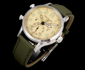 Patek Philippe Calatrava Pilot Travel Time cream dial stainless steel case olive green leather watch