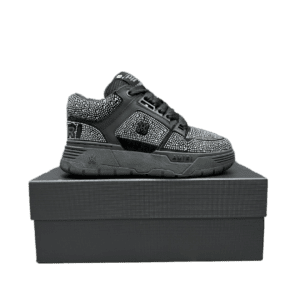 Amiri Skel Top black white crystal-embellished leather sneakers with rubber sole
