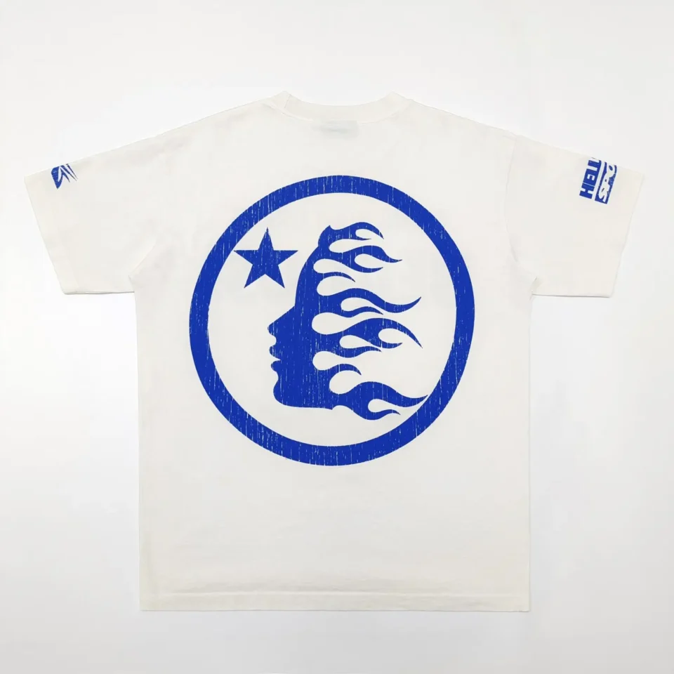 Heliot Emil Graphic T-Shirt white color blue flame face print 100% cotton short sleeve tee
