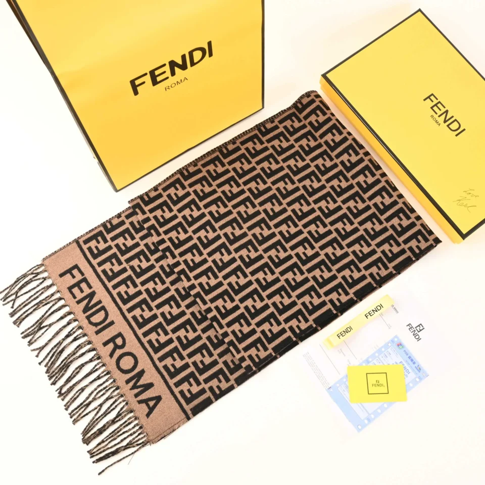 Fendi scarf brown black wool blend with FF logo pattern and fringe edges