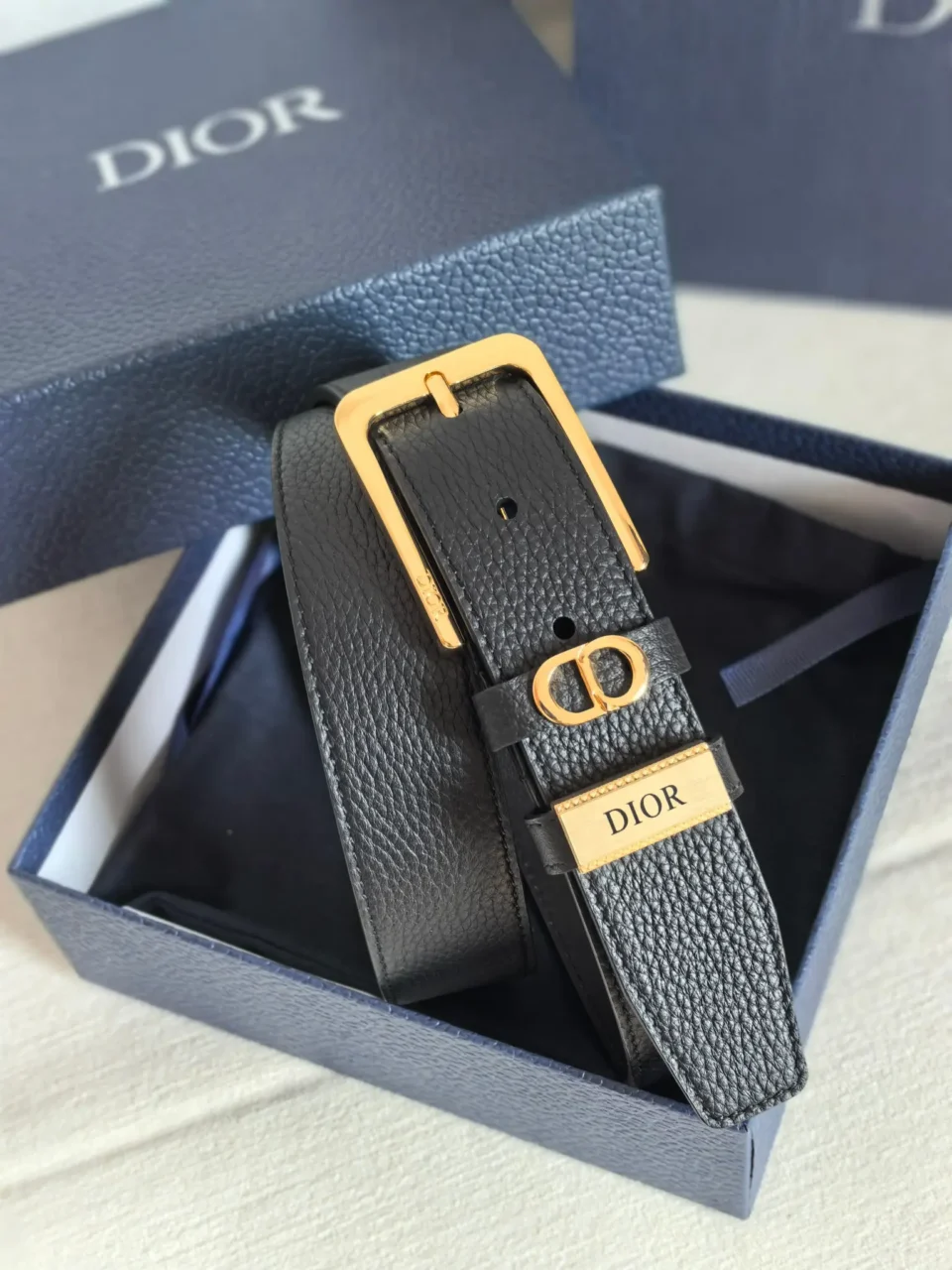 Dior belt black grained leather gold-tone buckle and hardware luxury accessory
