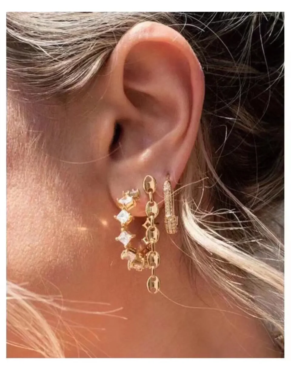 Repsgoat gold earrings set three-piece chain and crystal detail accessories