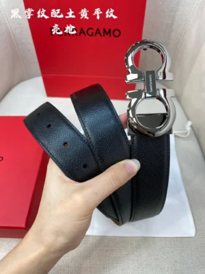 Ferragamo belt black leather with signature silver double Gancini buckle accessory