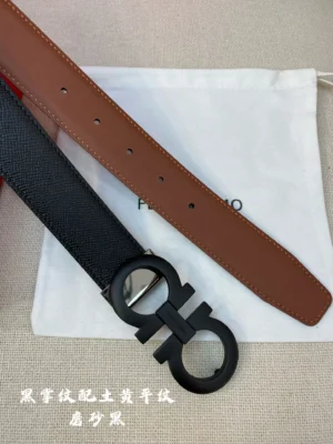 Salvatore Ferragamo belt black textured leather with matte black double G buckle and brown leather strap