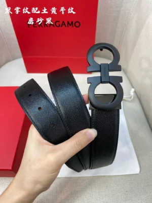 Ferragamo belt black textured leather matte black double G buckle accessory
