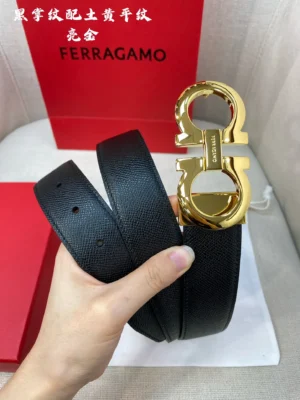 Ferragamo belt black leather strap gold metal double G buckle accessory