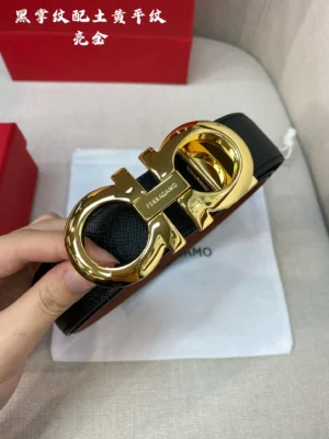 Ferragamo belt black leather with gold double Gancini buckle luxury accessory