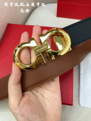 Ferragamo belt black and brown leather with gold double Gancini buckle accessory