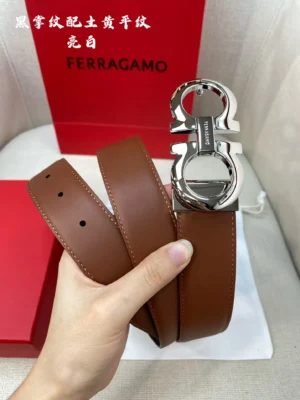 Ferragamo leather belt brown with silver double Gancio buckle accessory
