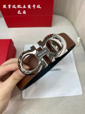 Ferragamo belt brown leather silver double G buckle accessory
