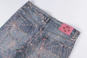 Levi's 502 Regular Taper Spiderweb print blue denim jeans with pink label leather patch