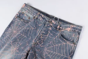 Repsgoat denim jeans spider web print blue cotton casual pants