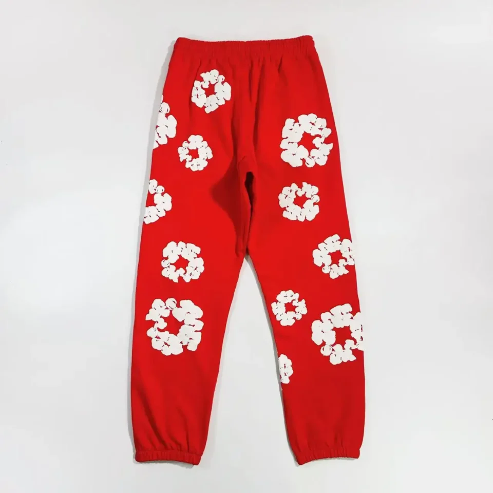 Repsgoat sweatpants red with white flower print cotton blend casual fit elastic waist and cuffs