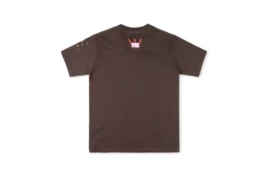 Supreme T-shirt brown cotton with small pink logo and yellow star accents on sleeve and back collar