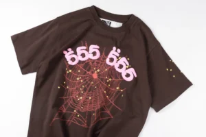 555 Brown T-shirt with pink graphic web design and yellow star accents cotton material