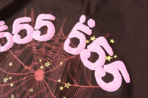 555 brown sweatshirt pink numerals red web yellow stars cotton material