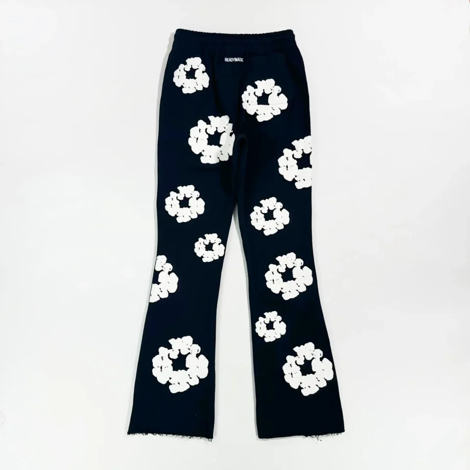 Readymade flared pants black white cotton blend with floral pattern and elastic waistband