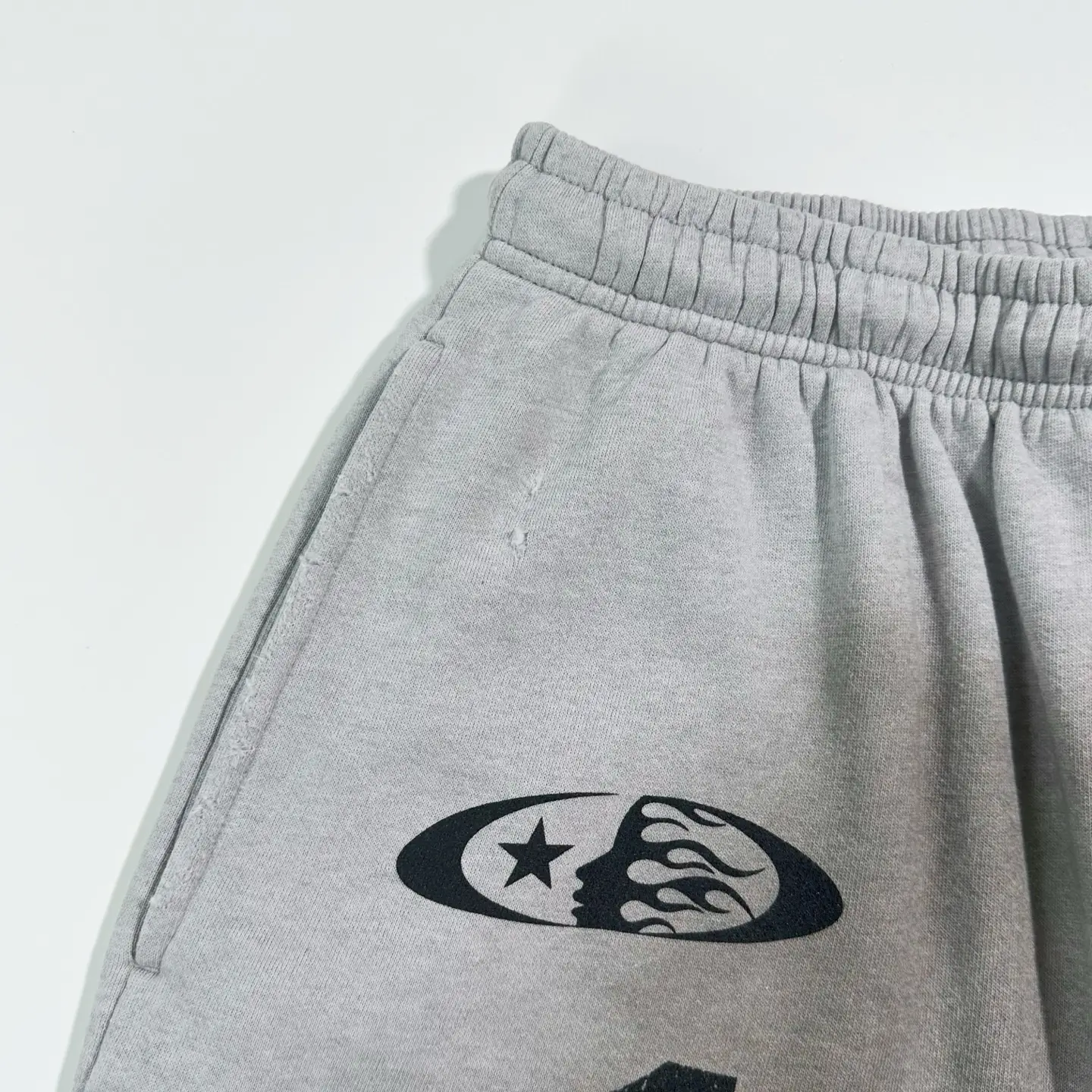 Chinatown Market Distorted Smile Sweatpants CTM015 gray cotton blend with black graphic print and elastic waistband