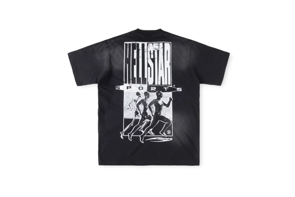 Hellstar Sports T-shirt black color cotton fabric with large white running skeleton graphic on back