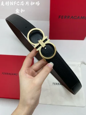 Ferragamo belt black leather gold double G buckle with NFC chip features