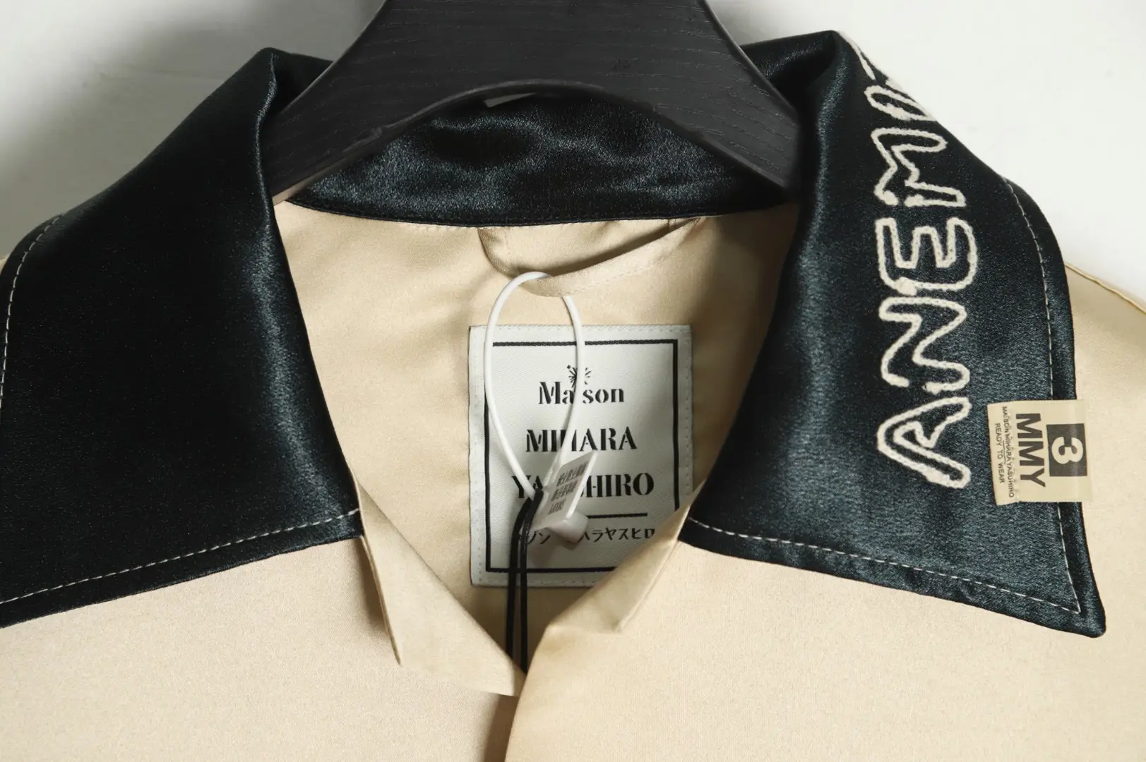 Miharayasuhiro shirt beige black satin collar embroidery size 3 cotton blend fabric