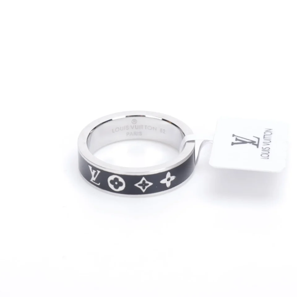 Louis Vuitton ring size 62 silver metal black enamel band with monogram symbols accessory