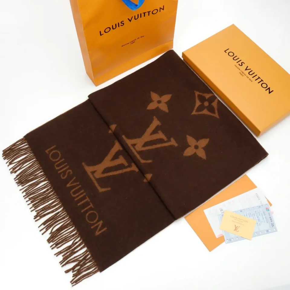 Louis Vuitton scarf brown wool with monogram pattern and fringe edges luxury accessory