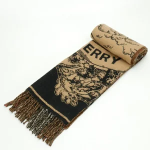 Burberry scarf beige black wool blend with fringe and signature logo pattern