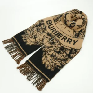 Burberry scarf tan black wool blend with floral pattern and fringed ends accessory