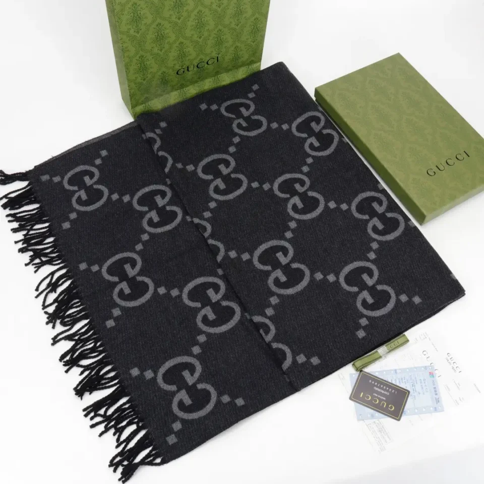 Gucci GG pattern scarf black grey wool with fringe and original packaging box and bag