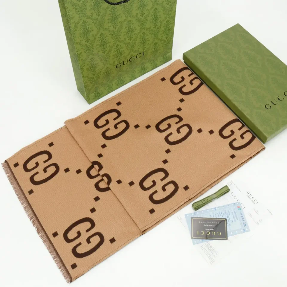 Gucci GG logo scarf beige brown wool blend with green branded gift box and shopping bag